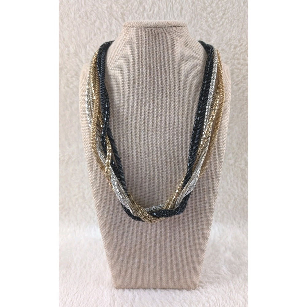 Multi-Strand Mesh Chain Necklace – Black, Gold & Silver Tone Braided Design –...